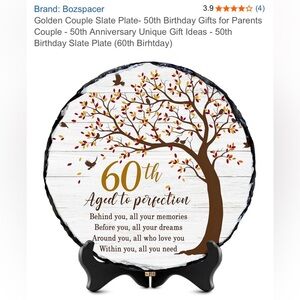 60th Birthday/Anniversary Slate Plate withTree Design & Wood Stand Care Card NWT